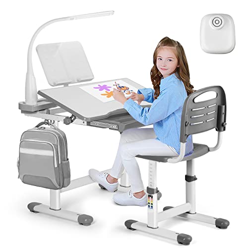 Artist hand Kids Study Desk and Chair Set Height Adjustable Children School Girl Table Large Writing Board Desk with LED Lamp Pull Out Drawer Pencil Case Bookstand Artist hand Kids Study Desk and Chair Set Height Adjustable Children School Girl Table Large Writing Board Desk with LED Lamp Pull Out Drawer Pencil Case Bookstand