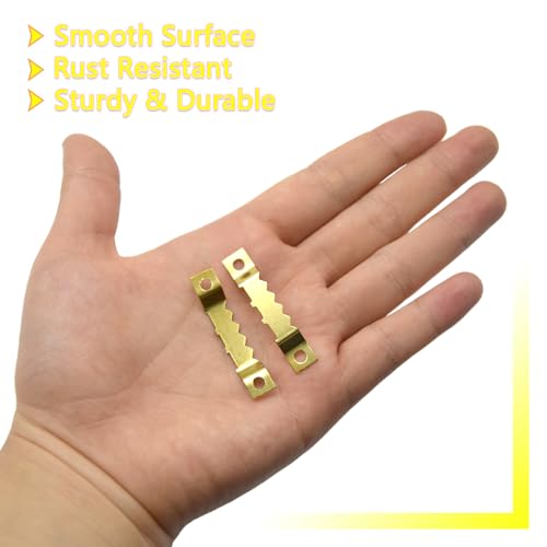 Image of 100 Pcs Sawtooth Hangers Picture Hanging Kit 1.77in Sawtooth Picture Hangers Picture Hooks with Screws Picture Frame Hangers for Photos Artwork Clock (Gold /XK-JC)