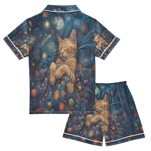 senya Cat Sleeping in Space Satin Summer Pajama Sets Silk Short Sleeve Button Down Sleepwear2