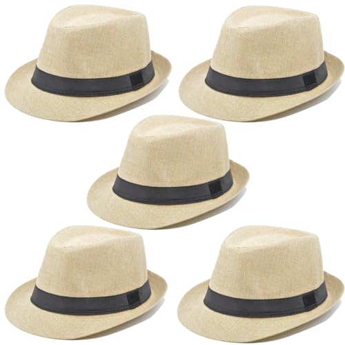 Image of 5 Pack Bulk Cuban Fedora Sun Hats Men with Adjustable Strap, Short Brim 1920s Unisex Party Costume Hats Women.