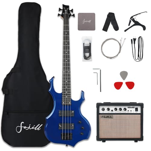 Fojill Cool Shape 4 Four String Electric Bass Guitar 20W Amplifier Amp Right Hand Beginner Starter Kit Set Combo Bundle Accessory Gig Bag,Strap,Picks,Capo,Noiselss Cable,Strings(Metallic Blue) by FOJILL - Used condition - US$155.61