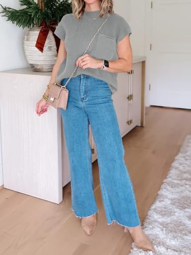 Image of Imily Bela Summer Fall Short Sleeve Sweater for Women | 2026 Crew Neck Ribbed Knit Vests Trendy Pullover Tops,Sweater Tank Tops,Sweater Vest