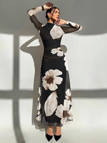Image of Women's Bodycon Maxi Fashion Long Sleeve Floral Print Party Dresses