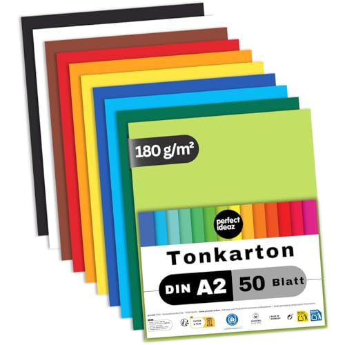 perfect ideaz - 50 Blatt Tonkarton DIN-A2, 10 Farben, Made in Germany, Blauer Engel zertifiziert