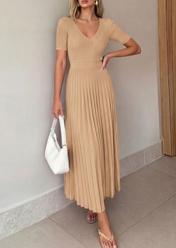 Image of PRETTYGARDEN Women's 2026 Spring Midi Sweater Dresses Elegant Pleated Ribbed Knit Short Sleeve V Neck A Line Summer Outfits