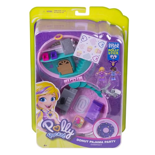 Polly Pocket Coffret Univers Soirée Pyjama Donuts, 2 Mini-Figurines, Accessoires, Autocollants et Surprises cachées, Jouet Enfant, édition 2019, GDK82