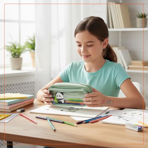 Image of Alokik Enterprise Cute Cartoon Pencil Pouch with Double Zipper & Transparent Window, Large Capacity Fabric Pen Case for School, Office, Students, Kids & Teens (Panda Have Fun with You Green Pouch)