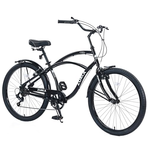 WDYLWFHW Beach Cruiser Bike with 7-Speed Gear System and Double V Brakes for Adults, 26 Inch Bicycle with Steel Frame, Aluminum Rims and Performance Tires for Men Women (Black, 26')