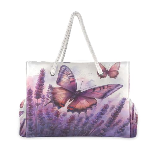 ATTX Lavender Field with Butterflies Beach Bags for Women - Large Beach Bags with Zipper Waterproof Sandproof Swim Pool Bag Large Tote#942