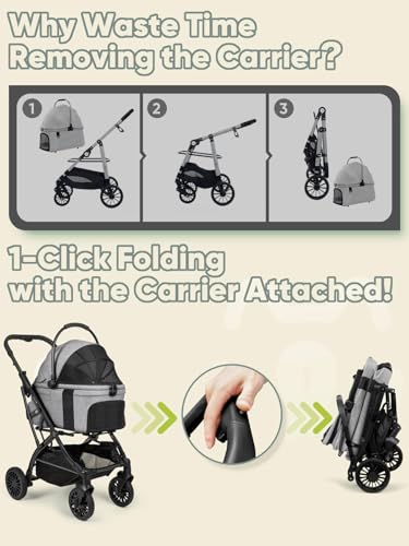 Image of Small Dog Stroller, Pet Stroller for Small Dogs, 5-in-1 Dog Strollers - Fold All in One Without Detaching Carrier, Pet Strollers with Removable Waterproof Carrier for Dogs Cats 10 lbs 20 lbs - Grey