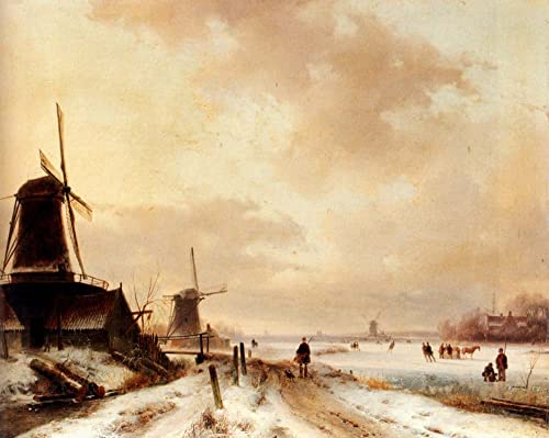 Tableau d'hiver paysage de neige et moulins à bois impression murale 60x90cm