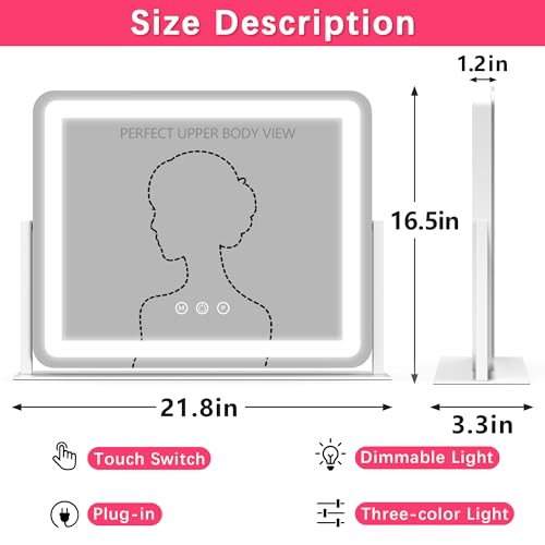 Image of ROLOVE Large Vanity Mirror with Lights, 22 inchx17 inch Lighted Makeup Mirror for Desk, 3 Color Dimmable LED Lights, Smart Touch Control & 360 Rotation Tabletop Dresser Mirror (White)
