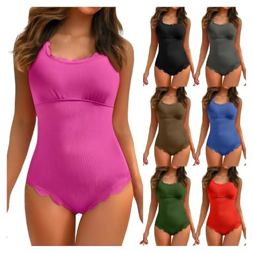Aniywn Pink Swimsuit Women Scalloped Ribbed Swimsuits Fashion Square Neck Full Coverage Bathing Suit Cutout Slimming Monokini