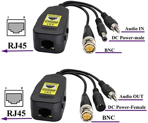 AAOTOKK BNC to RJ45 Transmitter Transceiver DC Power Passive Audio Video Balun HD-CVI/TVI/AHD/CVBS with DC Jack for 720P-1080P 3MP 4MP 5MP 8MP CCTV Security DVR Surveillance Camera System(19cm/4Pairs)