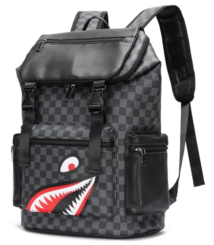 ORILOOSEN Leather laptop backpack PU leather backpack Men Women casual backpack water-resistant for daily commuting work travel (Black-L)