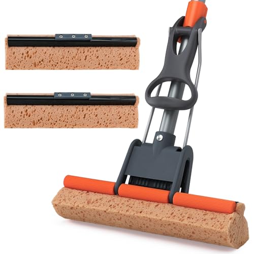 Sponge Mops for Floor Cleaning with 2 Cellulose Mop Head Refills and 55” Long Handle, Heavy Duty Roller Mop, Easy Self Squeeze for Hard Wood Tile Concrete Bathroom or Kitchen Floor Wall Ceiling