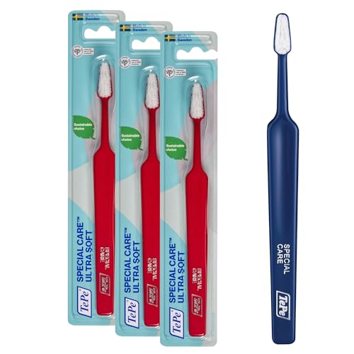 TEPE Special Care - Spazzolino da denti speciale ultra morbido, per un'igiene orale molto delicata, ideale per uso post-operatorio, misura regolare, colore rosso, 1 pz x confezione (Confezione da 3)