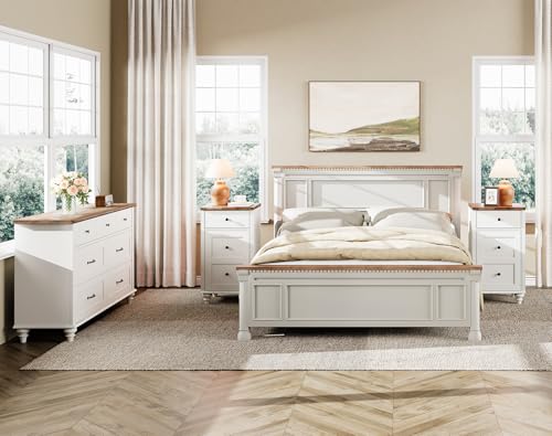 WAMPAT 3 Piece Bedroom Set - Includes One 7 Drawer Dresser, Set of 2 Tall Bedside Tables with Charging Station & Cabinet, 3 Piece Dresser and Nightstand Sets, Off White - Image 3