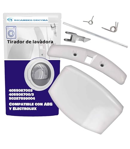 RECAMBIOS DREYMA Tirador Puerta Lavadora compatible con AEG Electrolux 4055087003 50287899004 Kit Maneta Completa Con Leva Pasador 9,5 mm Muelles Acero Poliamida Reforzada Blanco RAL9003