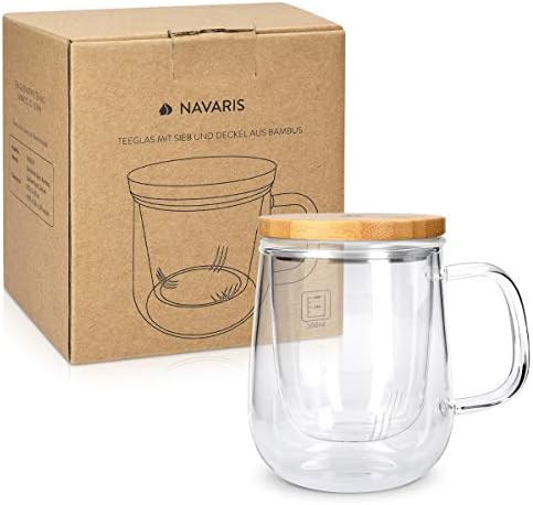 Navaris Tea Mug with Infuser and Bamboo Lid - 500ml Borosilicate Glass Tea Cup with Glass Strainer for Brewing Loose Leaf Tea in Home or Office