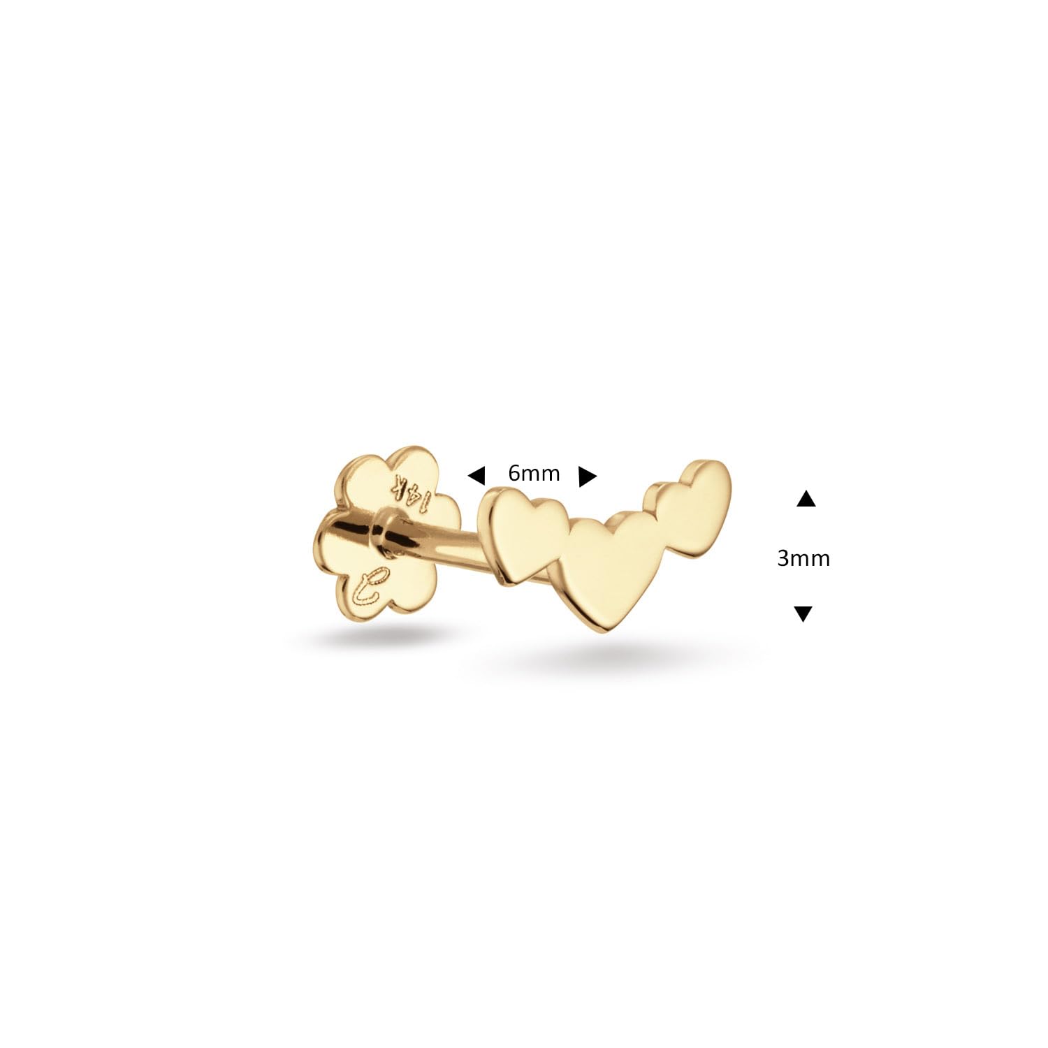 JACKIE GOLD Schmuck Damen | 14 Karat / 585 Echt Gold Ohrschmuck | 3 Hearts Piercing JKP25.538 | Stablänge 6 mm | Piercing mit Herzen
