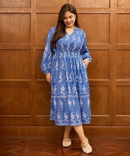 Image of TIYOMI Womens Plus Size Dresses Fall Long Sleeve Maxi Dresses V Neck Floral Spring Party Dress with Pockets XL-5XL (14W-28W)