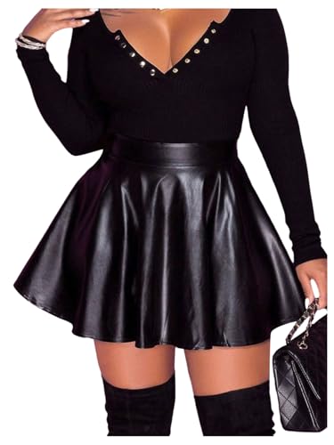 GORGLITTER Womens Y2k Leather Pleated Skirt Goth Ruffle High Waisted A Line Mini Party Short Skirts Concert Outfits Black Large