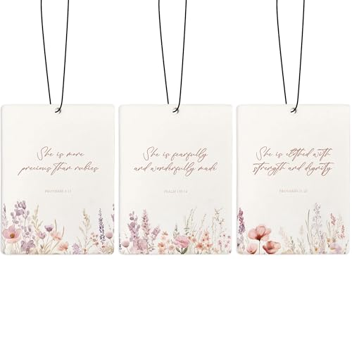 Image of Pink Floral Christian Car Air Freshener, Bible Verses Air Freshener Hanging 3 Pcs for Cars Closet Drawer or Books, Religious Christian God Car Accessories Mirror Decor for Women