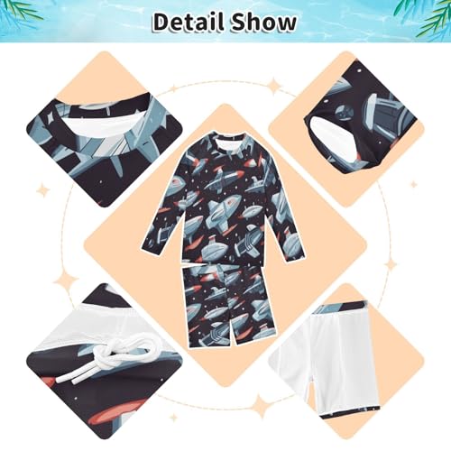 Cartoon Spaceship Boys Swimsuit Rash Guard Toddler Kids Long Sleeve Swim Shirt and Trunks Swimwear Set 3-10Y3