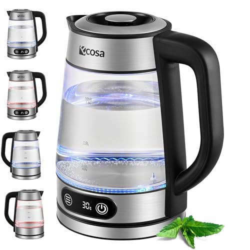 Ecosa® Bouilloire en verre 1,8 l 2200 W Acier inoxydable Température variable Sans BPA Chauffage maintenu Éclairage LED