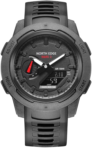 NORTH EDGE Montre de sport pour homme en fibre de carbone, étanche, double fuseau horaire, réveil, noir