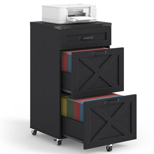 Halitaa 3 Drawer Small File Cabinet with Wheels, Farmhouse Vertical Filing Cabinet Fits Letter/A4 Size, Rolling File Cabinets Wooden Printer Stand for Home Office, Rustic Black