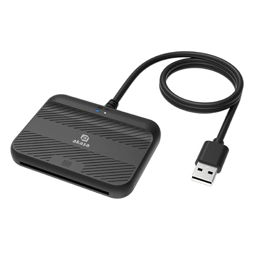 Akasa USB SmartCard Reader and External Electronic ID Memory Card Reader, Use & Play, 100 cm Cable, Black, LED Indicator, Supports Windows, Linux and macOS, AK-CR-14BK