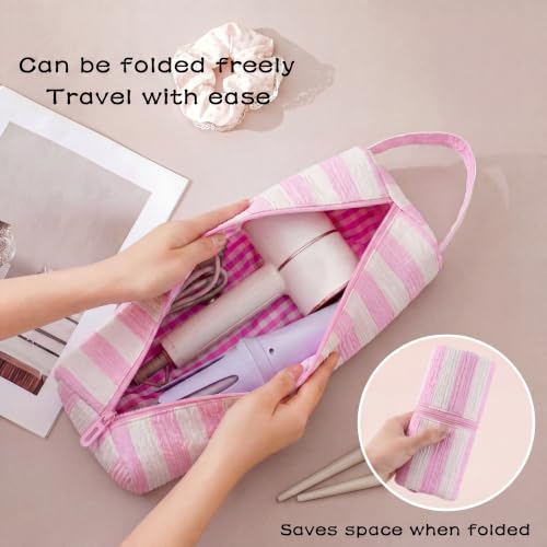 Image of RSRSLEII Striped Hair Tools Travel Bag,Hair Styling Accessories Storage Case for Shark FlexStyle,Dyson Airwrap Hair Dryer,Curling Iron,Straightener,Revlon Hair Tools,Portable&Foldable(16Pink&White)