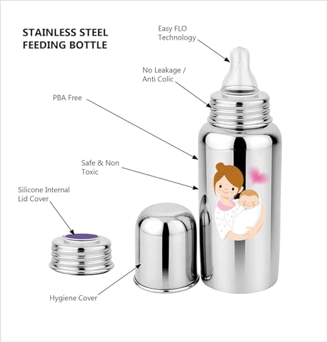 Image of Stainless Steel Feeding Bottle 304 Grade Steel with Anti Colic Silicone Nipples - 250 ml (Silver) /Ideal for Newborns and Toddlers (Pack of 1) Mom & Baby Theme