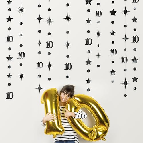 Image of Black 10th Birthday Decorations Number 10 Circle Dot Twinkle Star Garland Metallic Hanging Streamer Banner Backdrop for Girls Boys Double Digits Ten Year Old Birthday 10th Anniversary Party Supplies