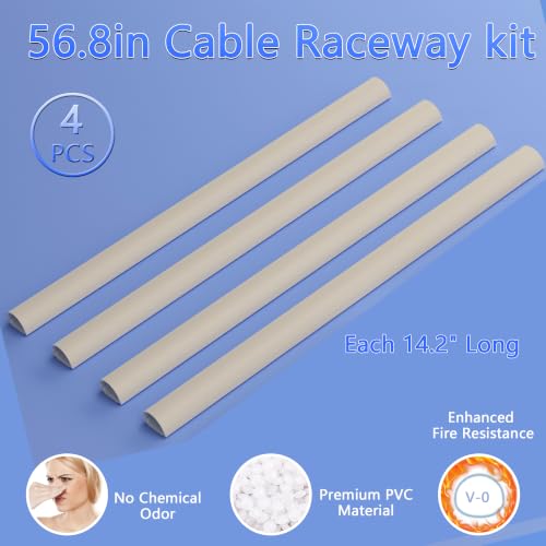 Image of ZhiYo 56in Cord Hider for 2-3 Wall-Mounted TV Wires, 1.2 inchW x 0.55 inchH, Beige | Split-Hinge Design for Easy Installation, Half-Round Glazed Finish Ideal for Wall /Baseboard, Self-Adhesive, 4Pack(14.2 inch Each)