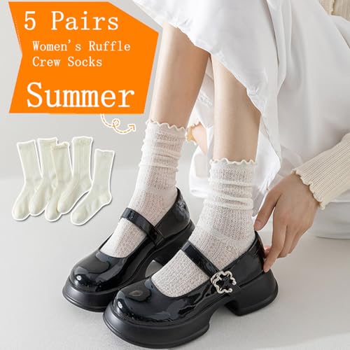 Women's Ruffle Crew Socks, White Cotton Lace, Frilly Ankle Design, Fits Shoe Size 5-9, 5 Pairs2