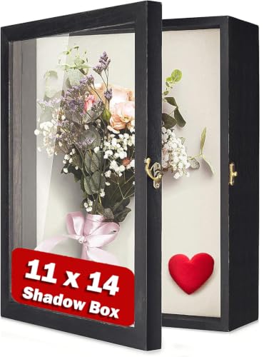 Image of TJ.MOREE Shadow Box 11x14 Memory Display Case Wooden Picture Frame Black | Fits 10x13 Inserts with Linen Back, Rustic Keepsake Box with Glass for Pet Memorabilia Gifts, Wedding Bouquet Military Medals