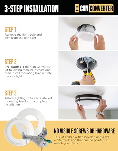 The Can Converter R56 Recessed Can Light Conversion Kit w/ 7\"¾ Flat & Beveled Steel Ceiling Medallion - Home Improvement for 5\" & 6\" Cans, Fan & Light Fixture Converter Kit, UL Certified, White - Thumbnail 5