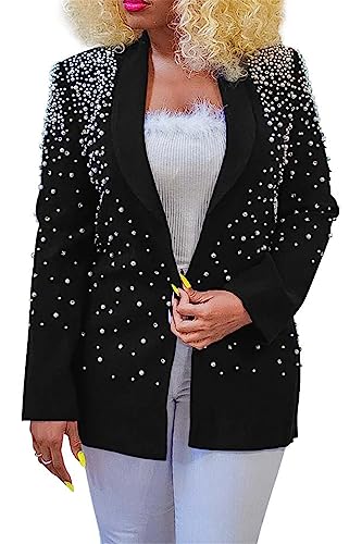 Women's Long Sleeve Lapel Pearls Rhinestones Sexy Nightclub Party Cardigan Blazer Jackets