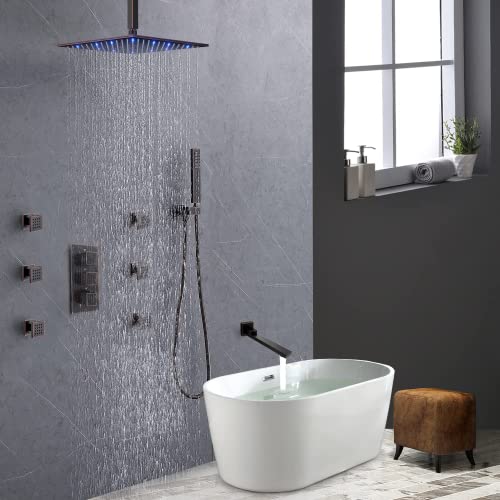 Oil-Rubbed-Bronze-Thermostatic-Shower-System-4-Way-Full-Body-Shower-System-with-Tub-Spout-Luxury-12-inch-Ceiling-Mounted-LED-Rain-Shower-Head-Handhled-Spray-and-6-PCS-Body-Jet Oil Rubbed Bronze Thermostatic Shower System 4 Way Full Body Shower System with Tub Spout Luxury 12 inch Ceiling Mounted LED Rain Shower Head Handhled Spray and 6 PCS Body Jet