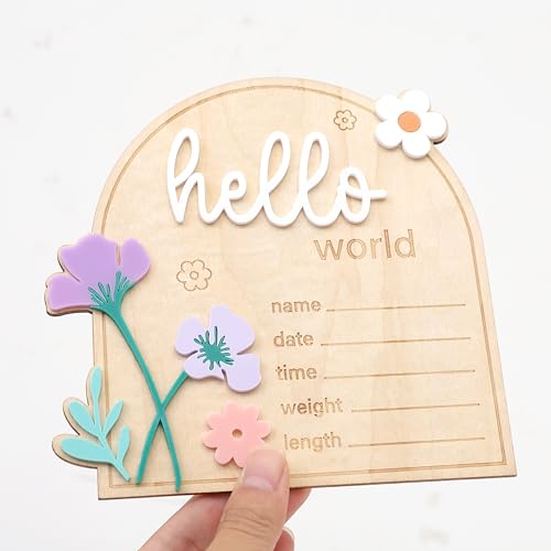 Image of Daisy Hello World Wooden Card - Baby Girls Birth Announcement Board,Newborn Information Record For Hospitals,Daisy Milestone Card Photo Props,Welcome Baby Party Nursery Decorations (hello world card)