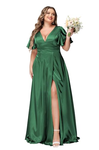 Noras dress Women's V Neck Bridesmaid Dresses with Slit Ruffle Sleeves Satin Plus Size 2025 Formal Dress NO091