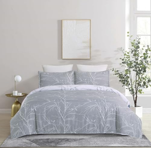 Vaulia Soft Microfiber Duvet Cover Sets, Branches Floral Theme, Queen Size Gray and White Color Reversible Design 3-Piece Set (1 Duvet Cover 2 Pillow Shams)