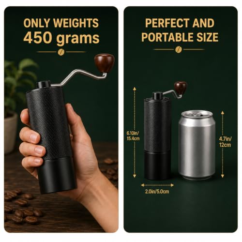 Image of Premium Manual Coffee Grinder - 5-Axis CNC Stainless Steel Burr & Solid Aluminum Body Hand Coffee Mill - Adjustable Setting, Portable Hand Crank Grinder with Wooden Handle