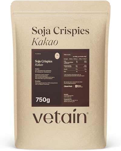 VETAIN Soja Crispies Kakao - 750g - 77% Proteingehalt - Vegan - Ohne Zucker & laktosefrei - Sojaprotein ideal als Topping oder proteinreiche Snackalternative - produziert in Deutschland