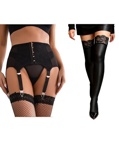 Medias Mujer Sexy Talla Grande Cuero PU Negro comeondear con Ligueros de Encaje 3XL 5XL