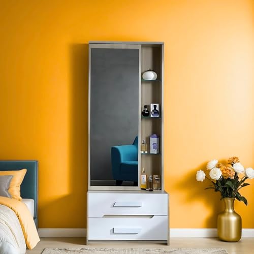 Image of CASPIAN Engineered Wood 1 Door Wardrobe (Oak Light and White) | Pre Assembled Furniture with Mirror & Vanity Dressing Table | Cupboard /Almirah for Bedroom Clothes Storage Organizer with 5 Shelves