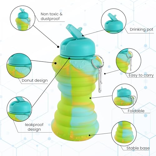 Image of Kuber Industries Pack of 2 Collapsible 600 ml Silicone Water Bottle With Flip Cap | Lightweight & Portable School Water Bottle - Ideal For Travel & Gym | Green